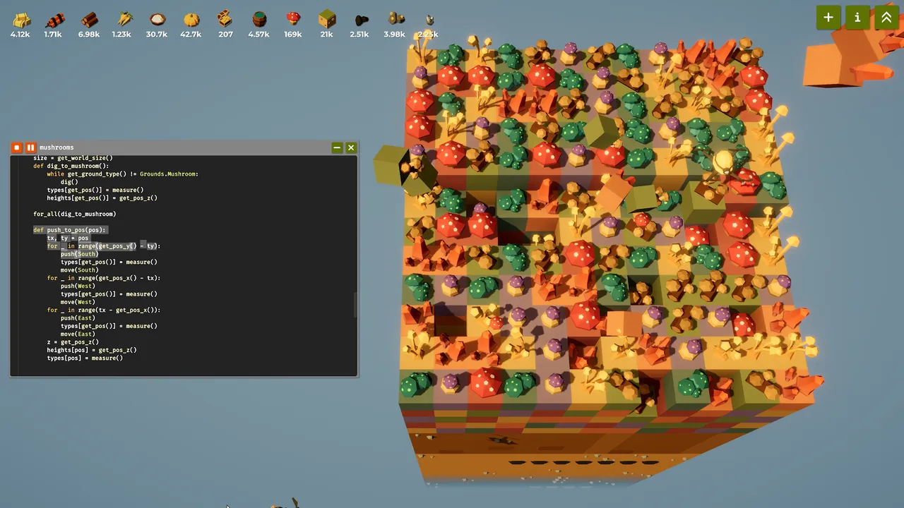 Colorful mushrooms fill an underground grid next to a code editor.