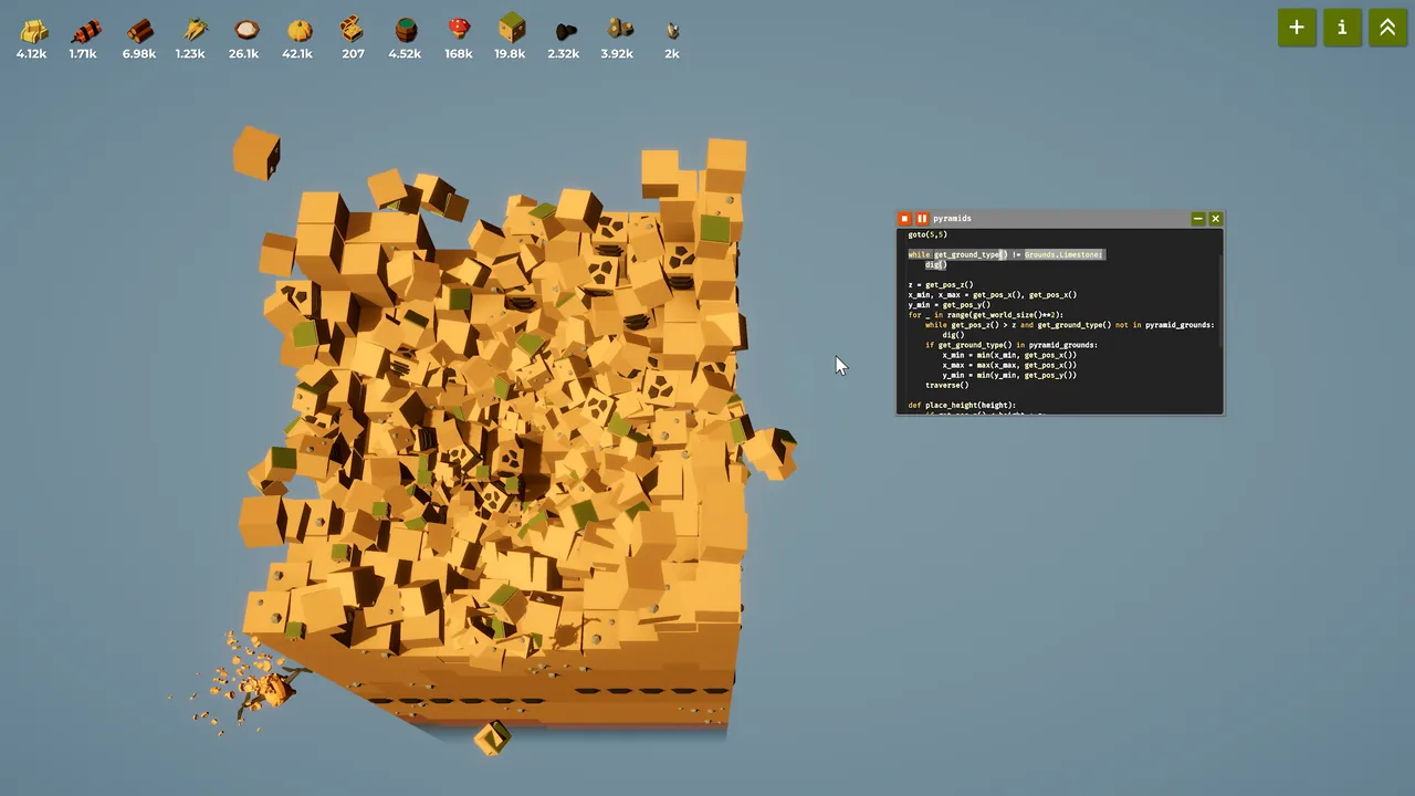 A mining drone excavates orange block terrain beside a code editor.